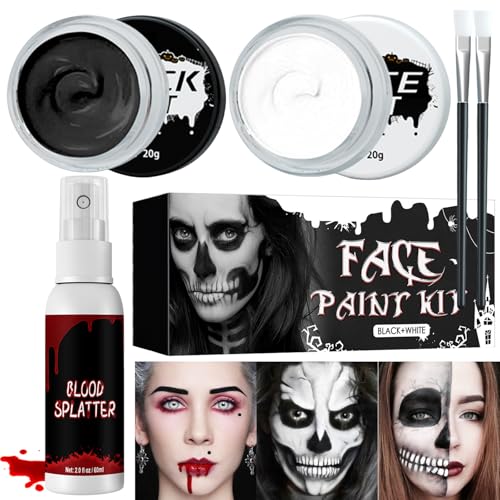 Maquillage Halloween, Peinture Visage Blanc Noir, Kit Maquillage Halloween de Faux Sang, Maquillage Halloween pour Visage, Maquillage Enfant pour Halloween Carnaval Théâtre Cosplay Clown Maquillage