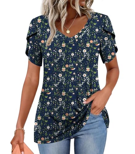 Image of CATHY 2026 Women Tops Summer Short Sleeve Tunic V Neck T-Shirts Loose Casual Floral Blouse S-4XL