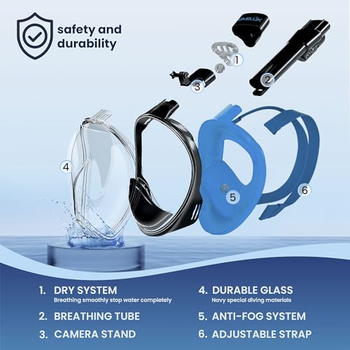 DIVELUX Snorkel Mask - Snorkeling Gear for Adults and Kids - Full Face Snorkeling and Diving Mask with 180° Panoramic Viewing - Longer Ventilation Pipe, Anti Fog & Anti Leak, (Black-Blue, L/XL)