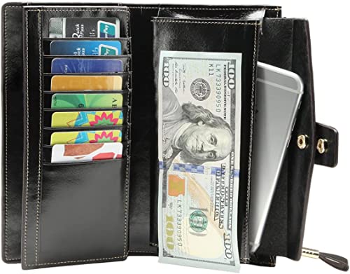 Image of Itslife Womens RFID Blocking Large Capacity Luxury Wax Genuine Leather Wallet Clutch Ladies Card Holder, Black