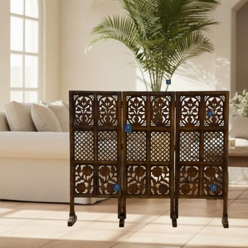 Image of Wooden Room Partition Screen with Burnt Wood Finish | Hand Buffed Traditional Handicraft Room Divider | 6 Ft Height Indoor Room Separator (3 Panel 4 Feet with Stands)