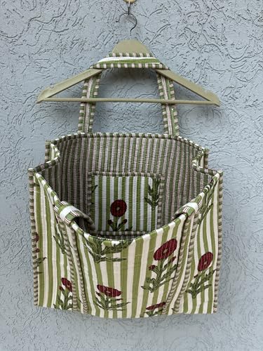 Image of Quilted Cotton Handprinted Reversible Large multicolor Floral Tote Bag,Hand Block Print Shopping Shoulder Carry Bag