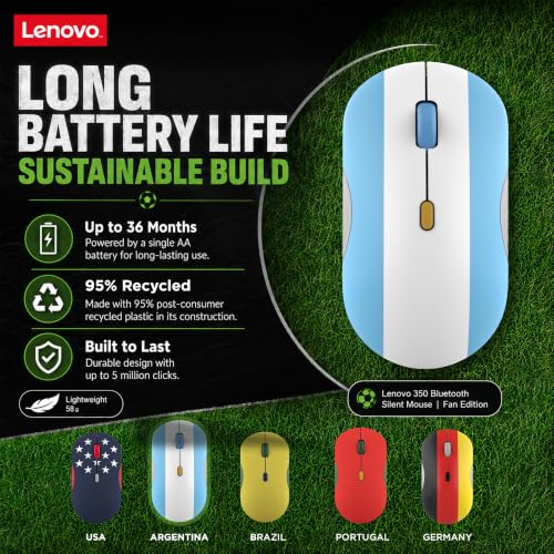 Image of Lenovo 350 Bluetooth Silent Mouse (Fan Edition), Wireless Ergonomic Ambidextrous Design, Bluetooth 5.3, Adjustable DPI up to 2400, 36 Month Battery Life, Recycled Materials, Argentina Flag