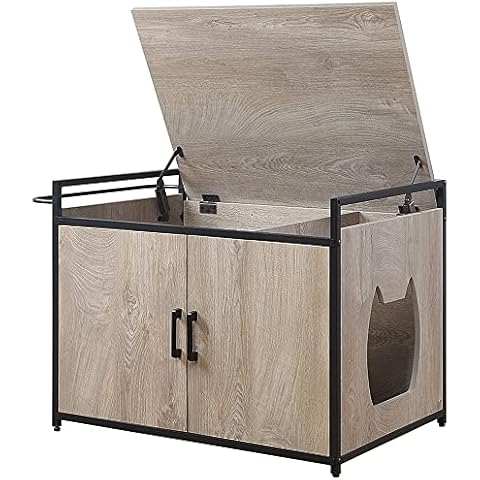 unipaws Large Wooden Cat Litter Box Enclosure, Indoor Hidden Litter Box with Top Opening and Side Bar, Cats Washroom Storage Bench for High Jumbo Litter Box, Automatic Litter Box Hidden, Grey Cover