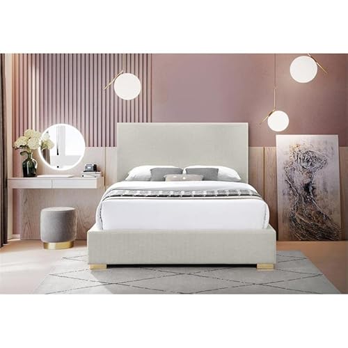 Meridian Furniture Crosbybeige-K Crosby Collection Mid-Century Modern Linen Fabric King Bed Rich Beige Linen Textured Fabric, Gold And Chrome Legs Included, 83" W X 89.6" D X 54.3" H, Beige, King #TOP6