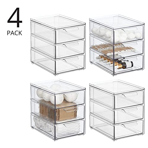 mDesign Plastic Stackable Organizer with 3 Drawers - Pull-Out Drawer Storage Bin for Bathroom Sink/Cabinet Organization - Perfect for Makeup, Small Towels, and More - Lumiere Collection, 4 Pack, Clear by mDesign - Used condition - Image 2