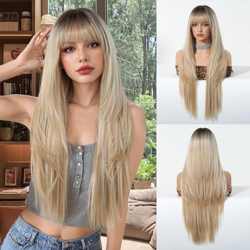 Ombre Blonde Synthetic Wig with Bangs Glueless Long Straight Laye...