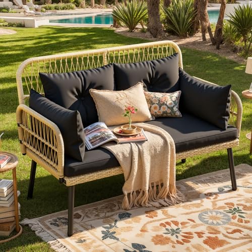 DWVO Outdoor Loveseat Patio Wicker Furniture Set with Cushion & Adjustable Feet Patio Couch for Garden Balcony and Porch Black