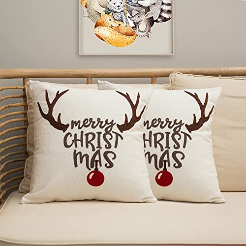 Embroidery Christmas Pillow Cover Set Of 2, Soft Canvas Christmas Pillow Cases, Cotton Linen Christmas Reindeer Throw Pillow Cover 18 X 18, Christmas Cushions Covers For Home Decoration #TOP18