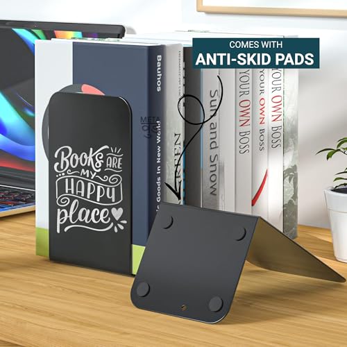 Image of 2 Heavy Duty Metal Bookends for Books | File, CD, Book Holder, & Durable Book Stand for Home, Office, School & Study Table Heavy Duty bookends (Set of 2) (Books are My Happy Place)