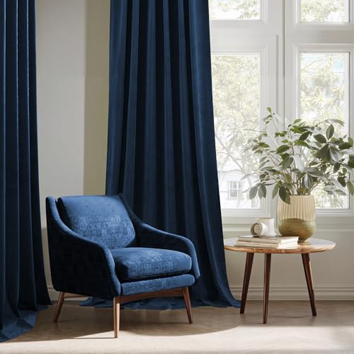 Image of StangH Navy Blue Velvet Curtains 90 Inches Long for Master Bedroom, Midnight Blue Room Darkening Drapes, Thermal Insulated Privacy Panels for Office with Back Tab & Hook Belt, W52 x L90, 2 Panels