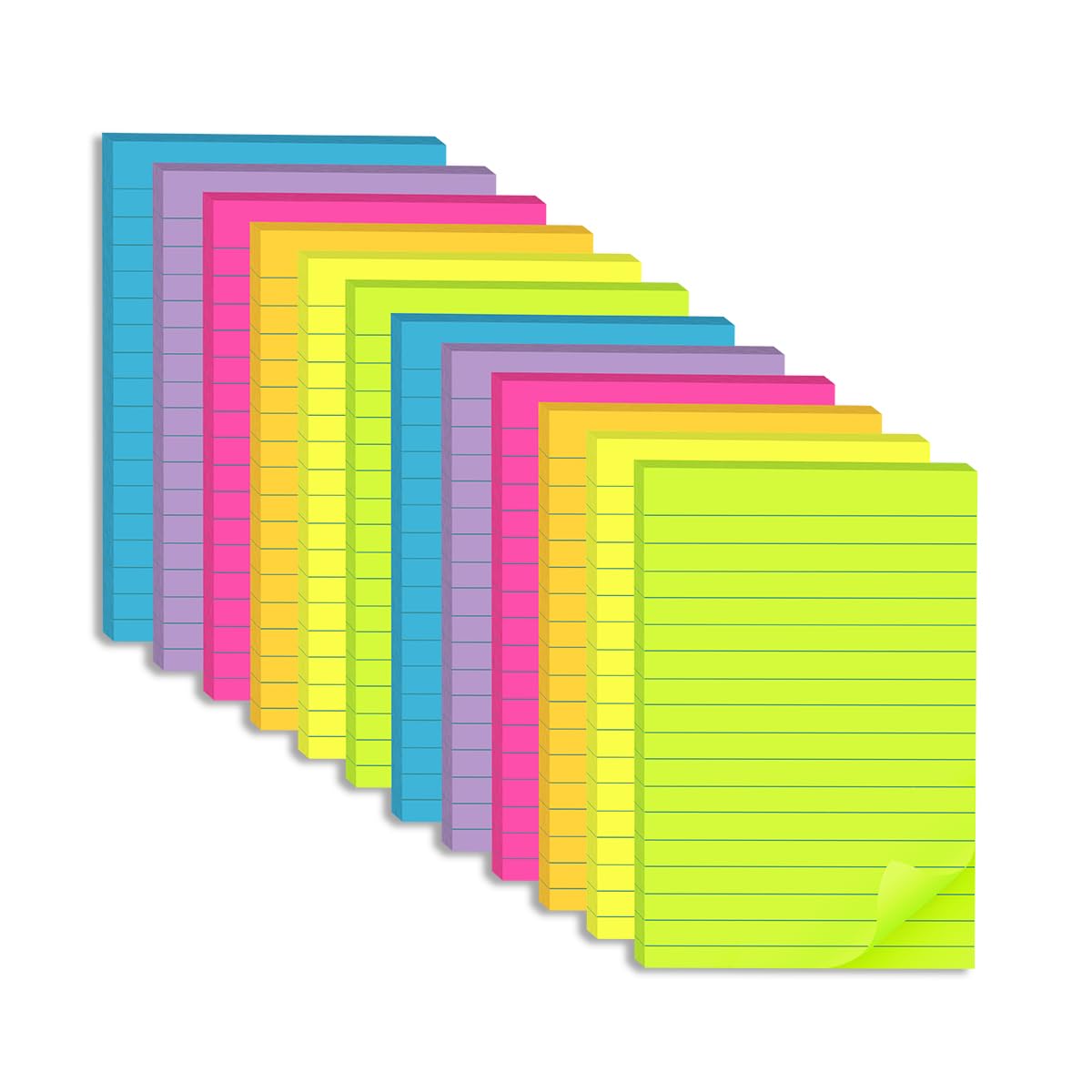 (12 Pack) Lined Sticky Notes 4x6 in,Large Notepads with Lines,Ruled Stickies Super Sticking Power,Office School Memo Note Pads Bright Colors,Post on Windows Doors,Recyclable,Easy to Write on