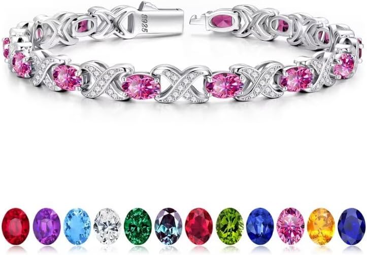 Iefil Valentines Day Gifts for Her, Oval Birthstone Tennis Bracelets for Women Wife Unique X O Design Fine Jewelry Anniversary Birthday Gift 925 Sterling Silver Birthstone Jewelry for Mom Girlfriend