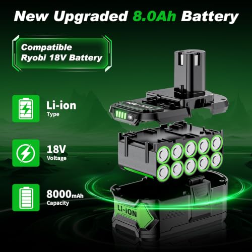 Image of 2-Pack 8.0Ah Replacement for Ryobi 18V Battery and Charger Compatible with Ryobi 18 Volt Lithium Battery Charger P117 and Batteries P108 P102 P103 P104 P105 P107 P109 P122 Cordless Power Tools