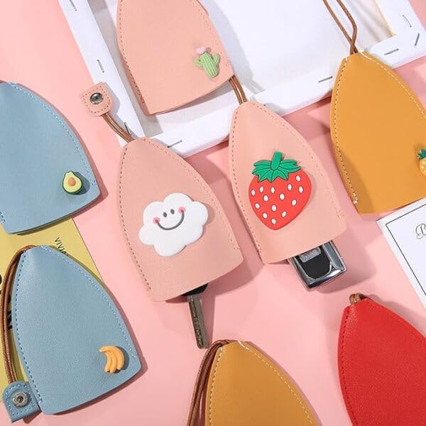 Cartoon Fruit PU Leather Key Pouch Cover with Snap Button Pack of 2, Portable Key Holder Case for Home Office Car Keys, Compact Protective Key Organizer Wallet with Hanging Loop for Everyday Use-image-8