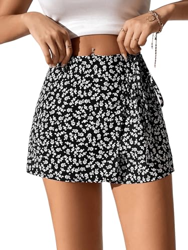 GORGLITTER Falda corta de verano para mujer, con pantalón, minifalda envolvente, falda floral, falda de verano, bohemia, falda casual, Negro , S