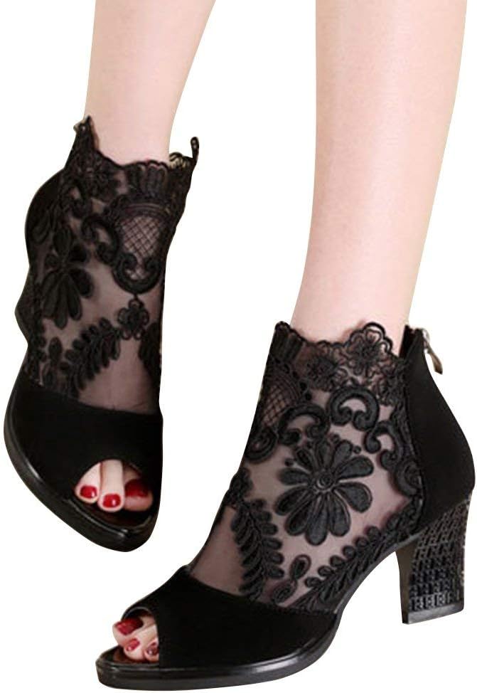 Xiakolaka Women's Pretty Lace Flowers Open Toes Sandals High Heels Ankle Boots Black