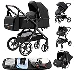 YAZOCO 3 in 1 Prams, Pushchair with Height Adjustable Handle, Travel System Pram with Changing Bag, Baby Stroller with Aluminum Frame for Newborn 0-4 Years (X1 Black)