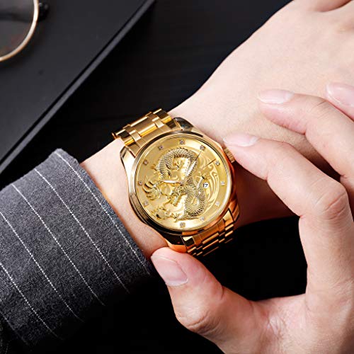 Image of Men Luxury Gold Chinese Dragon Carved Dial Diamond Quartz Watch Casual Waterproof Sport Stainless Steel Wristwatch