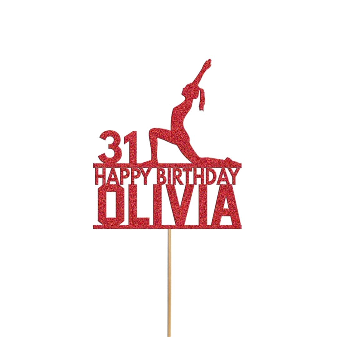 Womans Yoga Cake Topper Personalised Yoga Stretch Cake Decoration Any Name & Age | Personalised Cake Topper with Custom Name & Age | Birthday Party Decoration | Red — image 1