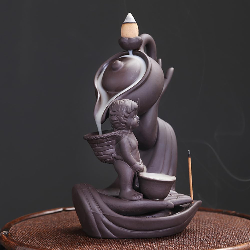 Zucng Waterfall Incense Burner Incense Holder, Backflow Ceramic Cool Incense Holder, Handmade Statues with 20 Incense Cones, 30 Incense Sticks, 1 Mat, 1 Tweezers for Home Office