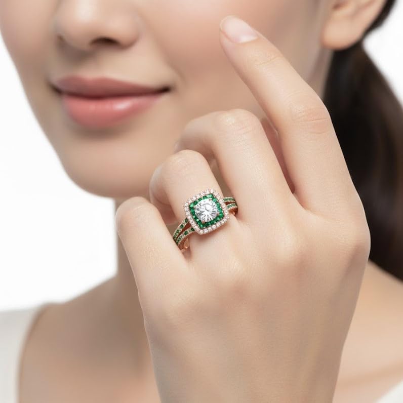 Image of 55Carat Choose Your Gemstone Double Band Square Halo Diamond CZ Ring 18K Rose Gold Plated Round Shape Halo Engagement Rings Everyday Jewelry Wedding Jewelry Handmade Gifts for Wife US Size 4 to 12