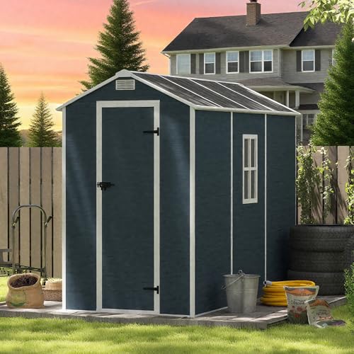 8x4 FT Outdoor Storage Resin Shed with Floor,Waterproof Plastic Garden Bike Shed with Lockable Door, Sloped Roof, Vents & Windows, Easy Assembly Tool Shed for Lawn, Backyard, Patio, Black