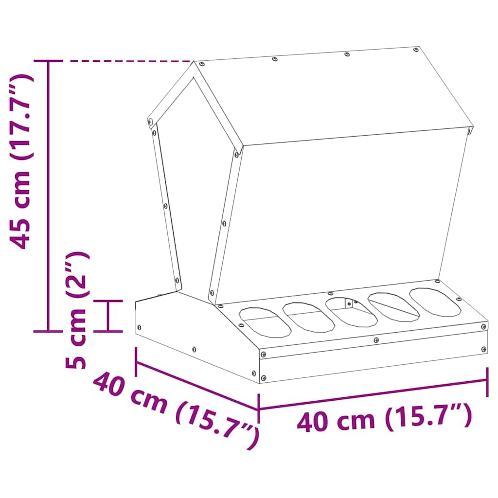 Comedero para pollos de acero galvanizado, 40 x 40 x 45 cm, resistente a la intemperie, para interior y exterior, con capacidad de 5 kg, estable y fácil de montar para una gestión