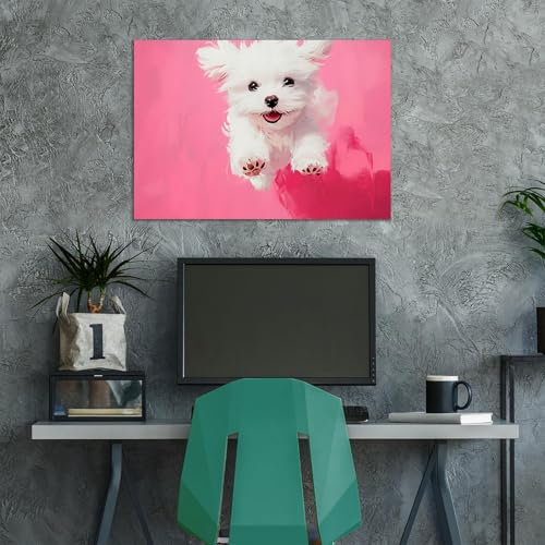 Cuadros decorativos para salón con diseño de lienzo abstracto de perro rosa enmarcado 4