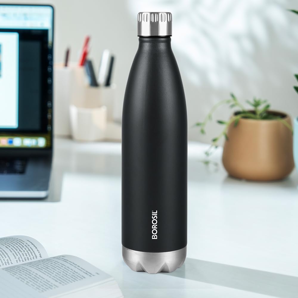 Borosil 1 L Hydra Bolt Matte Black Stainless Steel Water Bottle | Double Wall Vacuum Insulated Flask | 24 Hours Hot and Cold | Bottle for Office, Gym, School | 1 Year Warranty