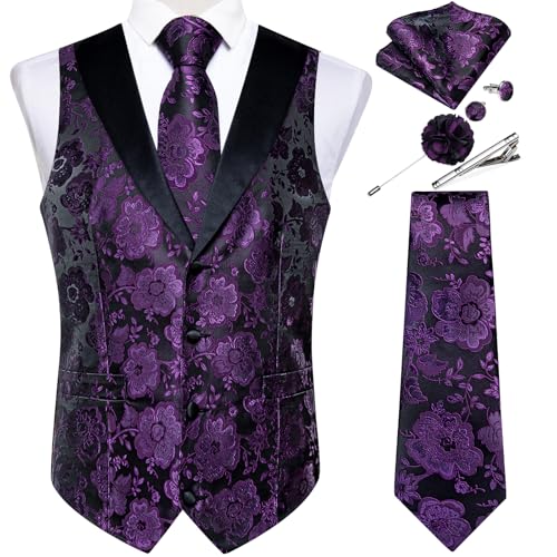 Image of DiBanGu Mens Paisley Suit Vest Silk Jacquard Waistcoat and Necktie Set Formal Shawl Collar Dress Vest 7PCS for Wedding Party