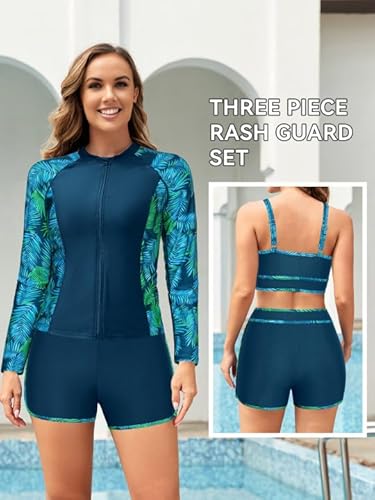 SHEKINI Damen Rash Guard 3-teiliger Langarm mit Reißverschluss Badeanzüge Boyshorts Bikinioberteil Schwimmshirt Schnell Trocknend UV Schutz Langarmshirt