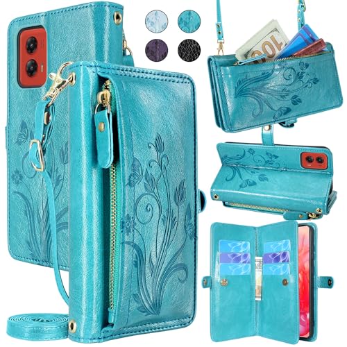 Lacass for Motorola Moto G Stylus 5G 2024 Case Wallet, [Cards Theft Scan Protection] Card Holder Zipper Leather Flip Cover Crossbody Wrist Strap with Stand(Floral Blue Green)
