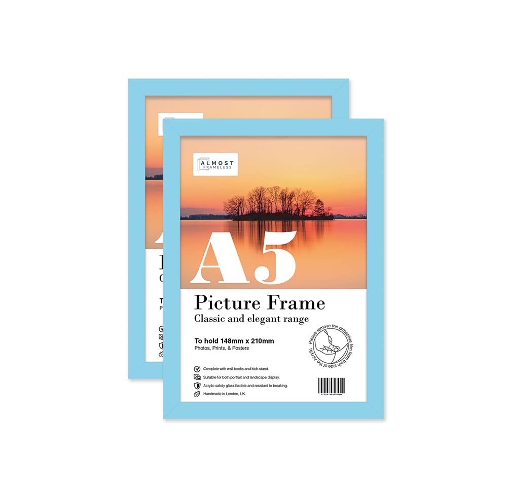 Almost Frameless A5 Light Blue Picture Frame Set of 2, Display A5 Picture Gallery Wall, Poster, Photo, Artwork, or Print, Light Blue