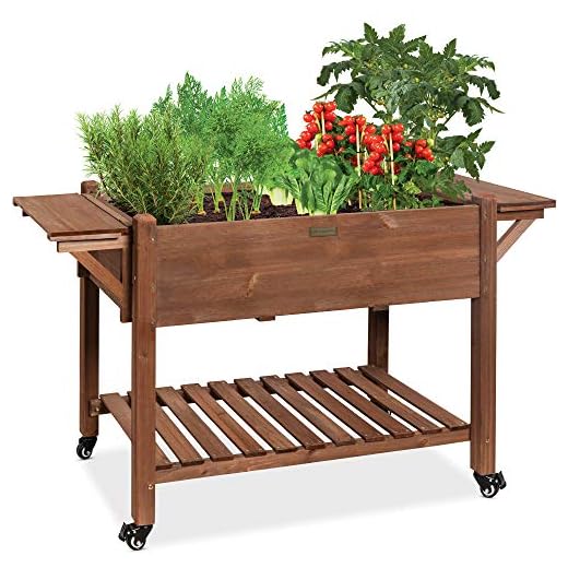 Best Choice Products 57x20x33in Mobile Raised Garden Bed Elevated Wood Planter Box Stand for Backyard, Patio w/Folding Side Tables, Locking Wheels - Brown