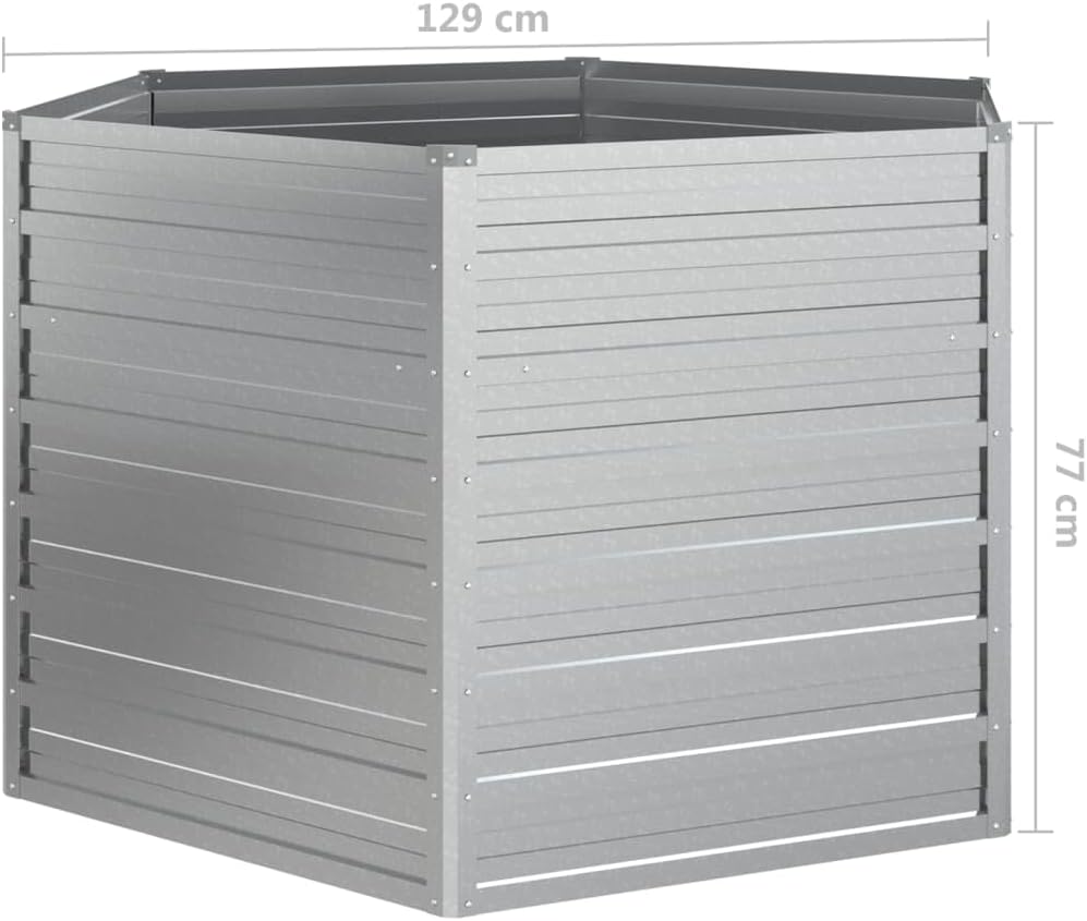 Silver galvanised steel raised garden bed with dimensions labeled: 129 cm diagonal and 77 cm height.