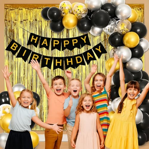 Image of Birthday Decoration Set 54 Pc, Bday Decoration Combo Pack, Birthday Function Party Decoration kit, Black & Golden Balloon, Themed Party for kids
