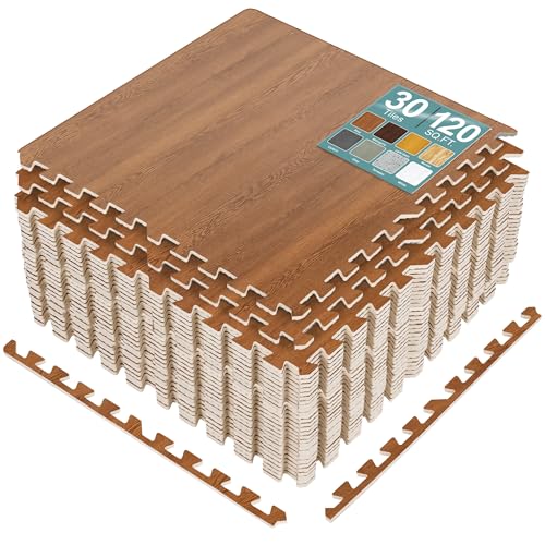 Sorbus 120 Sq. Ft. Wood Grain Floor Tiles Foam Mat EVA Interlocking Mats Tile 3/8-Inch Thick Flooring Wood Puzzle Exercise Mats w/Borders - Home Playroom Basement, Apartment, Trade Show, Baby, Dance