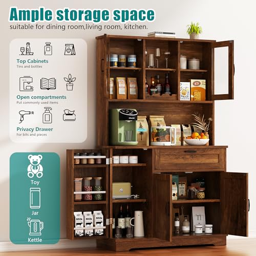 Image of Vongrasig Kitchen Pantry Cabinet, Tall Farmhouse Storage Cabinet, Brown | Freestanding Hutch with Adjustable Shelves and Doors, Large Food Cabinet with Microwave Stand for Kitchen, Dining Room