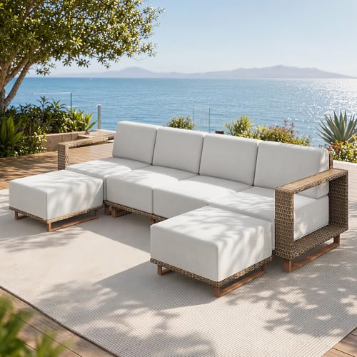 Image of SUNSHINE VALLEY 6 Pieces Patio Sectional Furniture Set, Outdoor Yellow Rattan Wicker Sofa with 10''Ultra-Thick Cushions, Modular Patio Conversation Set for Lawn Garden Backyard