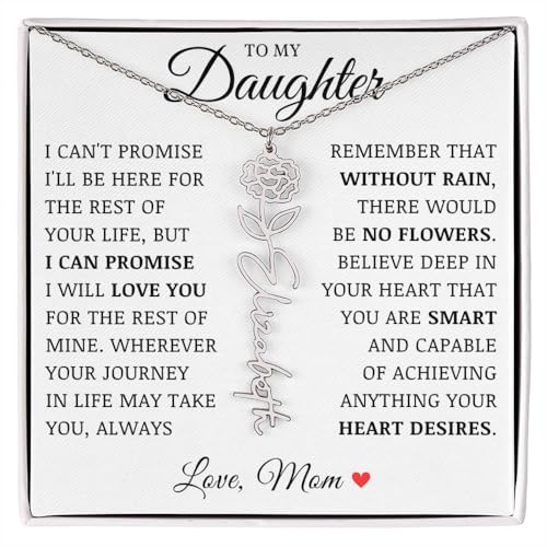 No Rain No Flowers Necklace, Personalized Custom Name Birth Flower Necklace for Women, Customized Floral Pendant Jewelry Gifts from Mom, Daughter Birthday Christmas Gift for Her