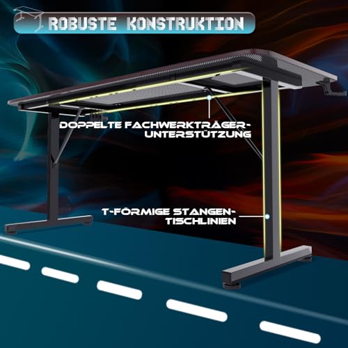 Gaiming Tisch 180cm Gaming Schreibtisch Gamer Computertisch Ergonomischer PC Schreibtisch mit Kabelaufbewahrungsbox, Getränkehalter und Kopfhörerhalter T-förmiger (Schwarz, 180 x 60 x 75 cm) – Bild 5