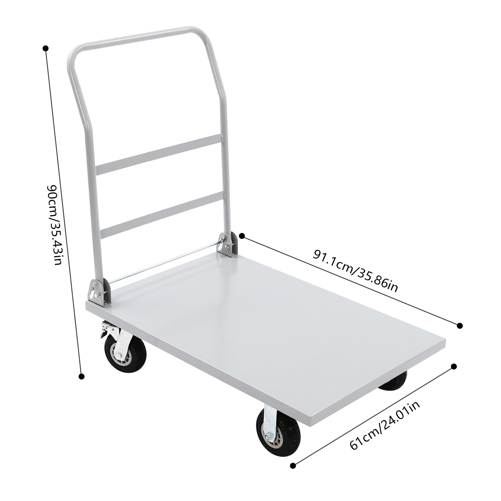 Plattformwagen bis 907kg,Transportwagen mit klappbar Griff,Lagerwagen aus Stahl mit 91x61cm Antirutsch-Ladefläche & 4x360° Gummiräder(2 mit Bremse),Transportkarre Paketwagen für Baustelle Logistik
