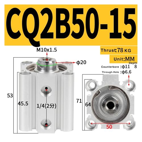 Vérin CDQ2B 50mm haute performance à filetage interne pour guidage précis - 3