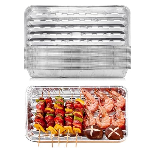 SCDZY Foil Trays BBQ 10 Pack Disposable Barbecue Tray 34 x 23 x 2.8cm Aluminum Foil Drip Tray Perforated BBQ Grill Trays Aluminum Grill Containers for Grilling Baking Camping & Travel