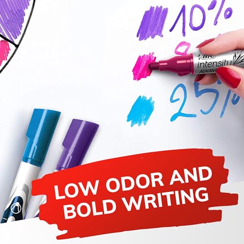 BIC Intensity Advanced Colorful Dry Erase Markers, Bullet Tip, 12-Count Pack of Assorted Colors, Whiteboard Markers for Teachers and Office Supplies