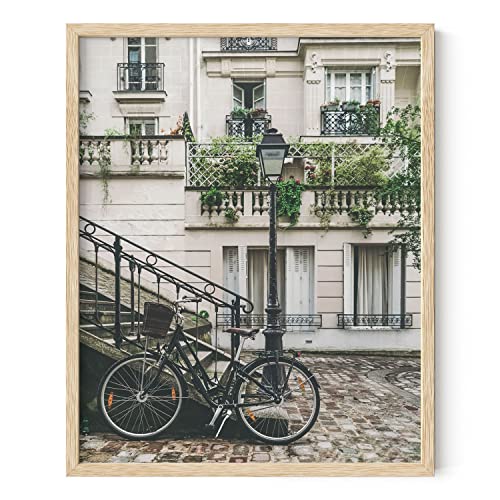 HAUS AND HUES Paris Picture - Aesthetic Travel Wall Art, Paris Bike and Stairs Wall Decor, Pink Wall Poster for Bedroom Art (Beige Frame, 16x20)