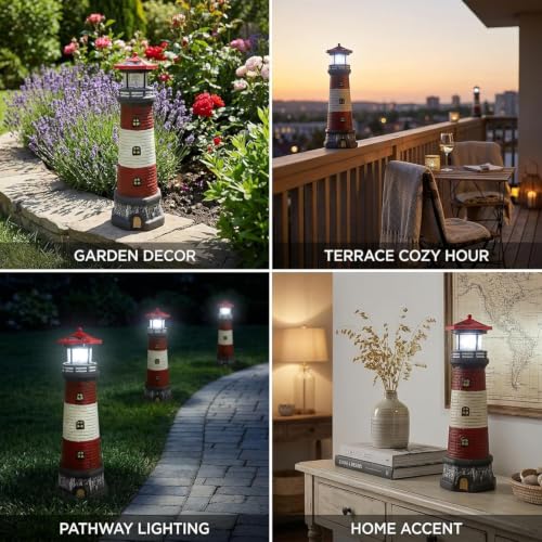 Image of Solar Lighthouse Outdoor Statues, 360 Rotating Beacon Garden Lighthouse, 15 inch Light House for Outside Garden Yard Decor, Waterproof Resin Nautical Figurines for Patio Lawn Landscape Lighting (Red)