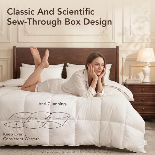 Down Fiber Comforters Queen Size, Fluffy Down Fiber Duvet Insert, Soft Breathable Hotel Bedding Comforter for All Season with Noiseless Shell, 650 Fill Power with Corner Tabs, White 90"x90" by OASWET - Used condition - Image 6