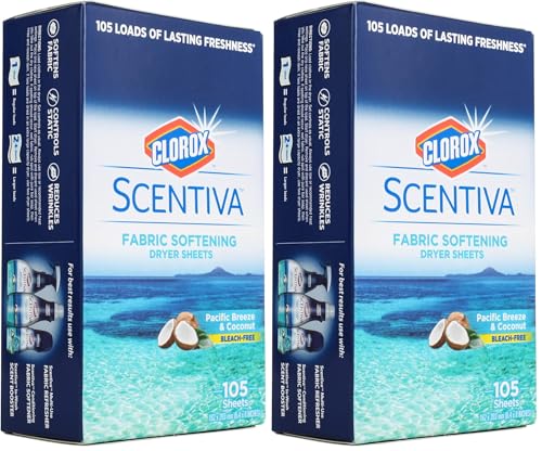 Clorox Scentiva Fabric Softening Dryer Sheets | Fabric Sheets in Pacific Breeze & Coconut Scent | Laundry Dryer Sheets for Fresh & Clean Clothes | 105 Count (Pack of 2)